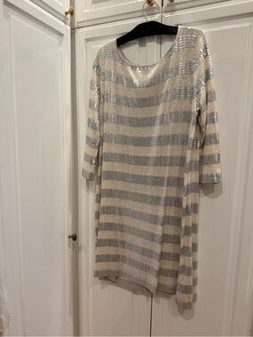 Ellen Tracy Silver and Cream Striped Sequin Shift Dress